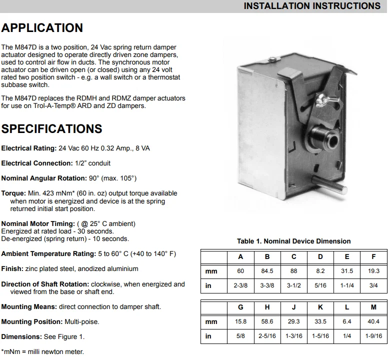 Replacement Motor for ARD EARD & ZD Dampers M847D1012 to replaces Damper Motor 24V