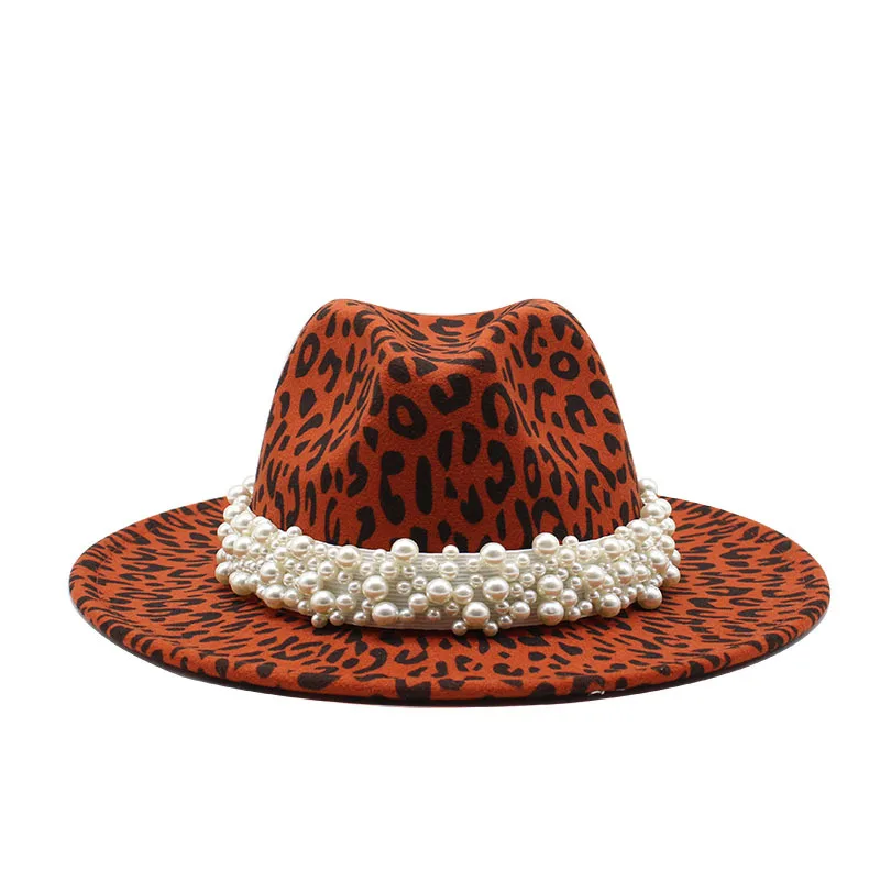 Fall Winter High Quality Fashion Custom Vintage Women Leopard Panama Pearl Wide Brim Print Fedora Fat