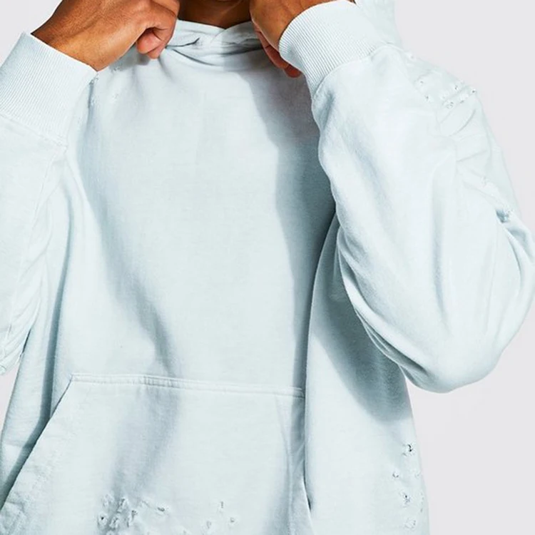 Decheng Oem High Quality French Terry Light Blue Ripped Details Solid Distressed Hoodies Mens Pullover Bulk Oversized Hoodie