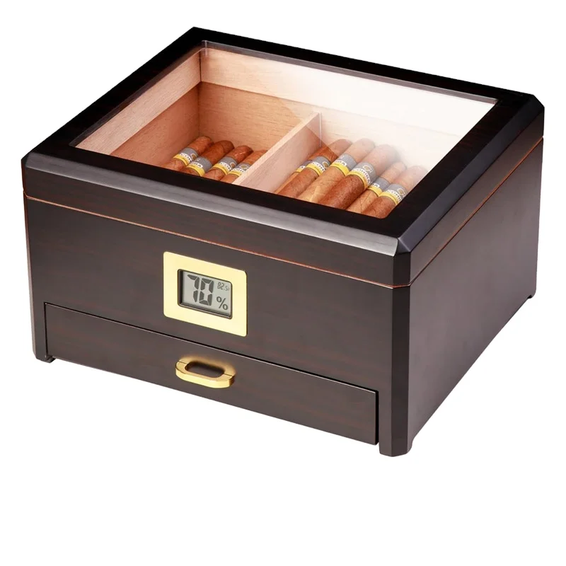 Cigar Humidor and Boveda 72% Humidity Packs with Accessory Drawer, 25-50 Cigar Box with Digital Hygrometer Spanish Cedar Lining