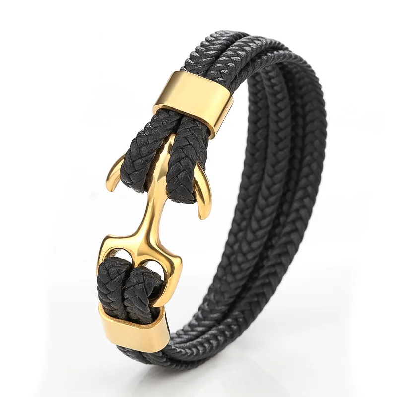 Multiple layer leather vintage braided rope anchor hit stainless steel bracelet