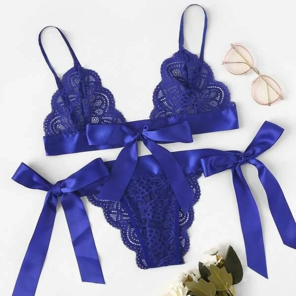 
2021 Valentine Day Sexy Lingerie Set New Lovers Hotel One Night Flirt Special Bowknot Lace Bra Thong 