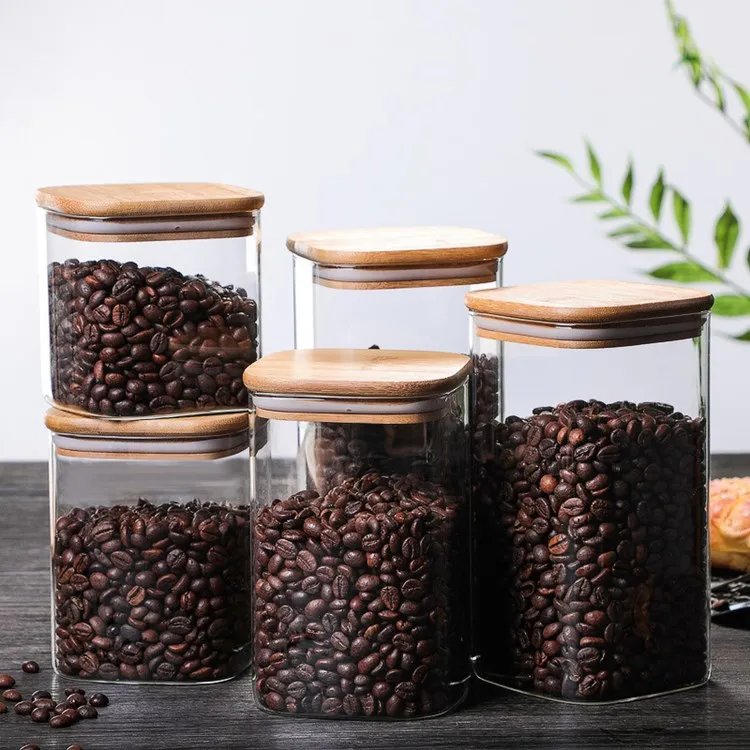 Wholesale kitchen empty 600ml 800ml square glass jar with bamboo lid