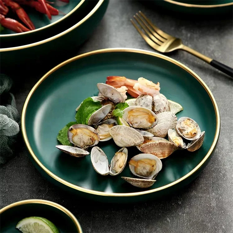 Modern turquoise color handmade gold rimmed porcelain round royal dinner set