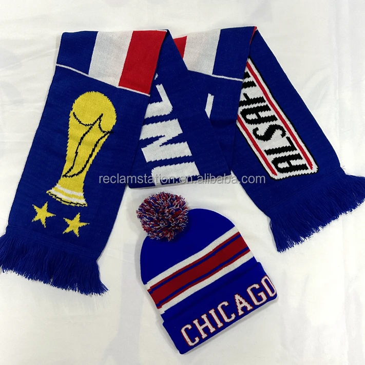 Winter Beanie Hats with  pom pom ball on top and Customized own design trophy star yellow blue Scarf  Set