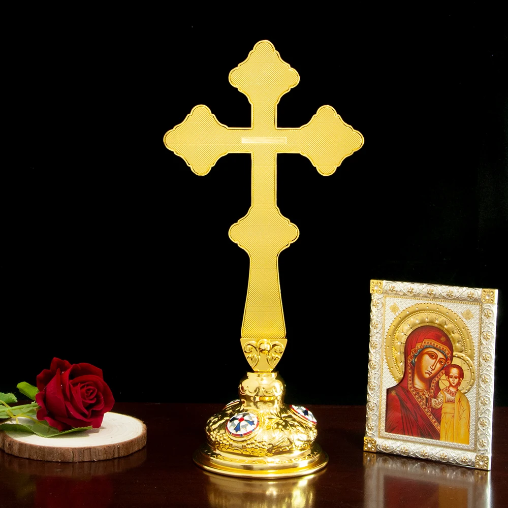 HT New Orthodox Jesus Crucifix With Mary Religion Character Icon Color Enamel Decor Bishop Prayer Handheld Cross Altar Cross