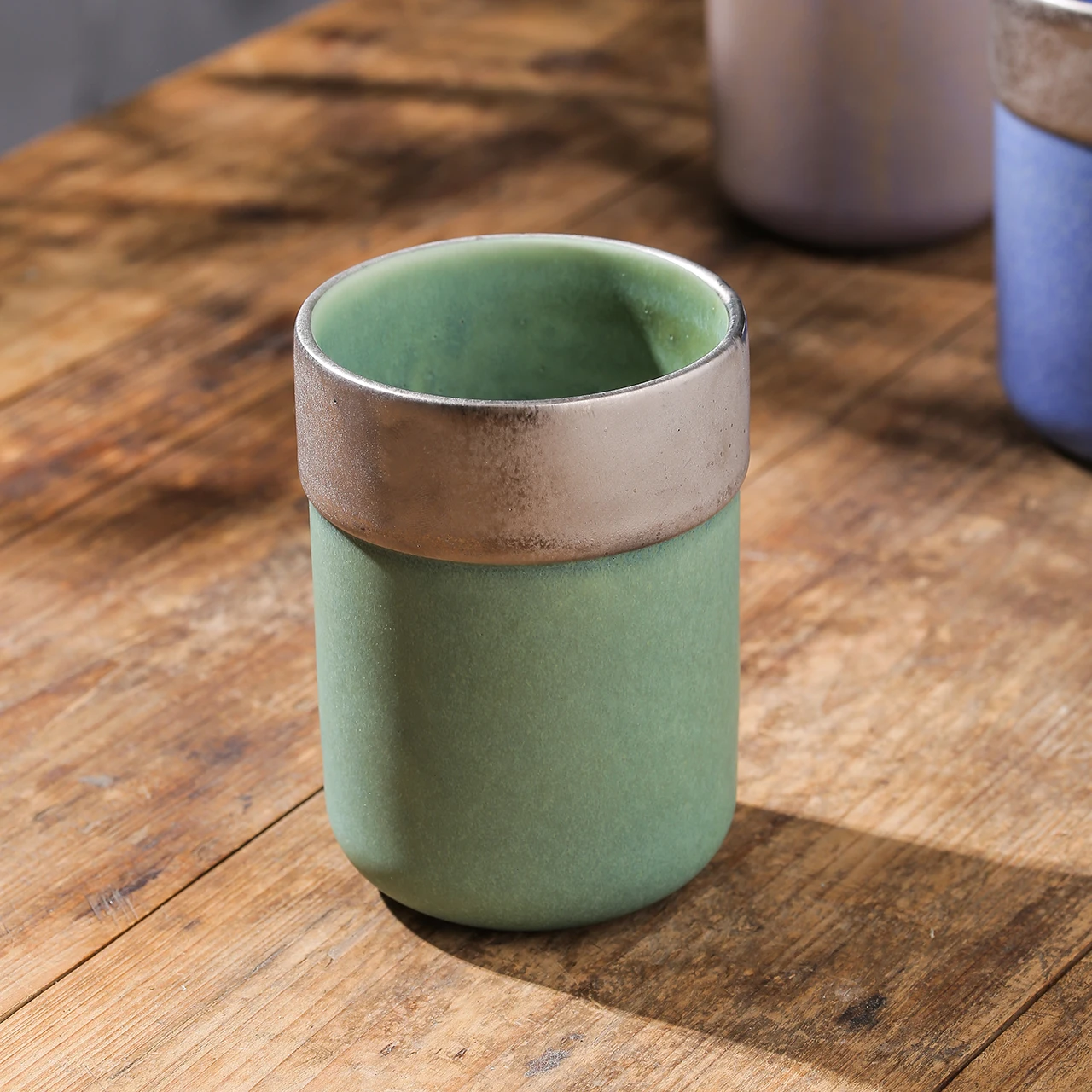 High quality customized nordic style matte green color clay 390ml tea cup set coffee ceramic mugs without handle