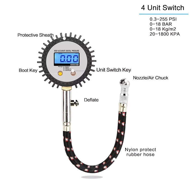Cheap price Tire Digital Pressure Gauge LCD dial Air Pneumatic meter Manometer OEM customized MAX 250Psi 18Bar 1800Kpa 18kg/cm2