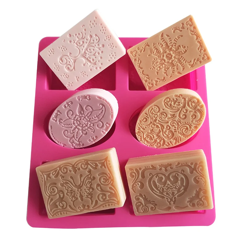 6 cavity Rectangle Oval Silicone Handmade Soap Mold New Flower Pattern Soap Mould for  Cold Process Soap