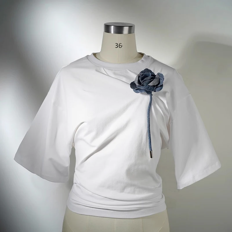 TWOTWINSTYLE Soild Patchwork Appliques T Shirts Short Sleeve Slimming Casual Short Tops For Women