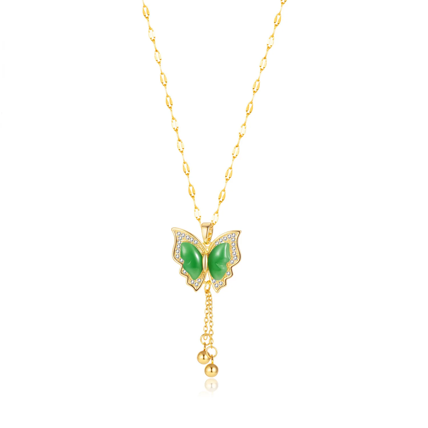 New Arrival Green Natural Jade Butterfly Pendant Necklace Hollow Gold Plated Stainless Steel Butterfly Gemstone Necklace