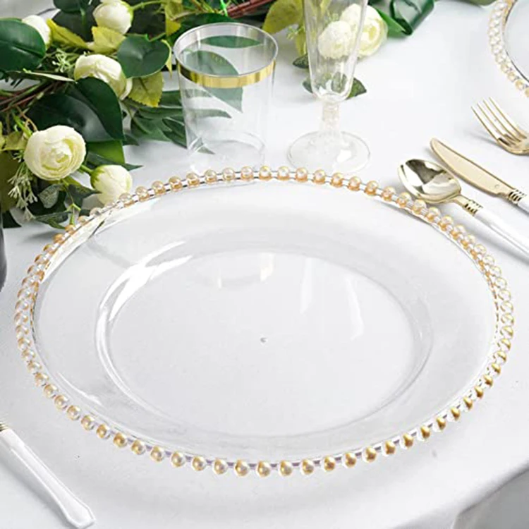 Clear Luxury Glass Wedding Plates Set Supplies Banquet Plates Party Restaurant Home Glass Gold Beaded Charger Plate