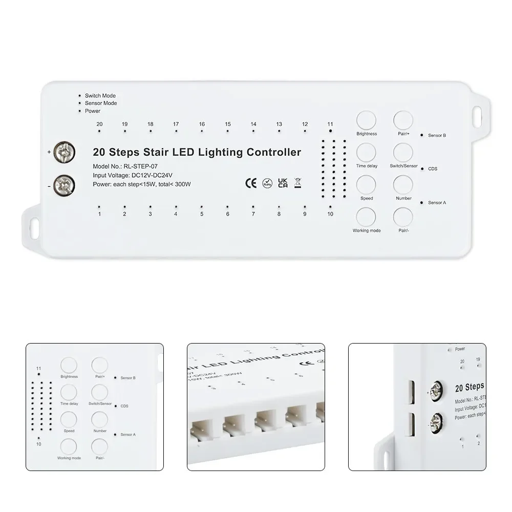 20 Steps Dynamic Stair Lighting Controller With Panel Switch And Motion Sensor Control System For House Staircase LED Strips
