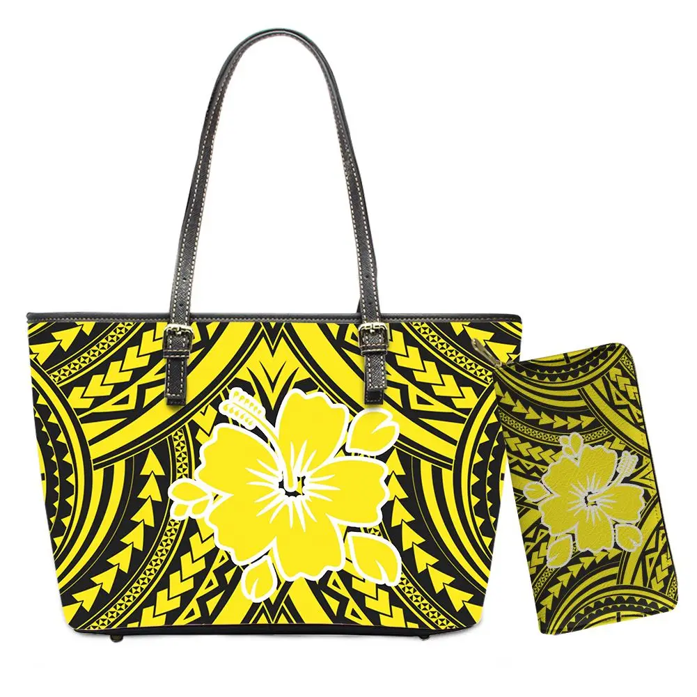 
Neon Yellow Bright Leather Handbags With Polynesian Tribal Flower Printing Fashion Hawaiian Purses And Wallets Set Drop Shipping 