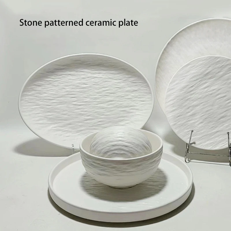 Nordic Rustic Stoneware Ceramic Dinner Plate Outdoor Restaurant Used Catering Durable Dish Porcelain Plate Set Minimalist Party