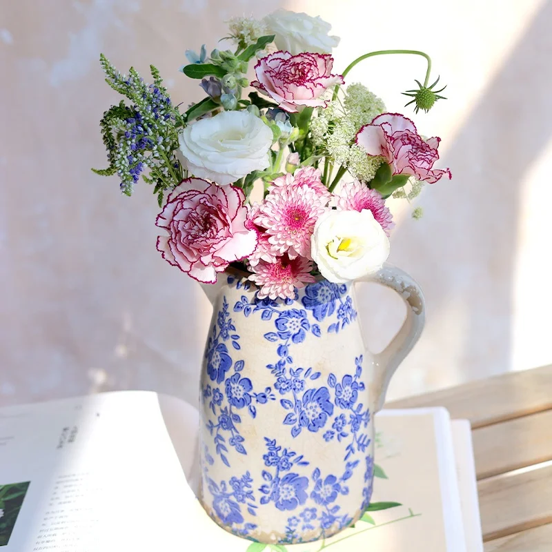 No MOQ Wholesale Retro Ice Crackled Waterproof Farmhouse Pitcher Flower Vases Blue Ceramic Vase for Home Decor