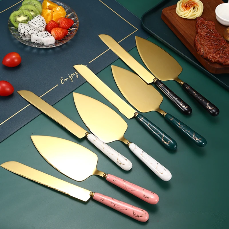 Ceramic Handle Gold Stainless Steel Cake Serving Knife And Cake Server Set Wedding Party