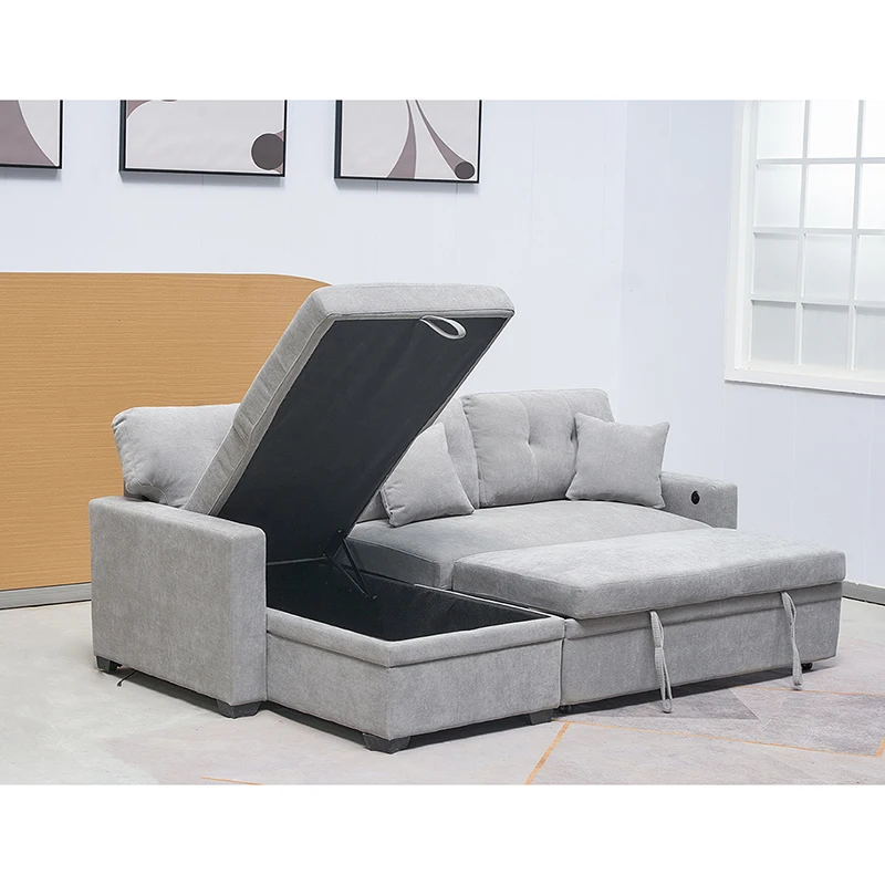 Grey Fabric Convertible Sofa Bed With Storage & USB Charging