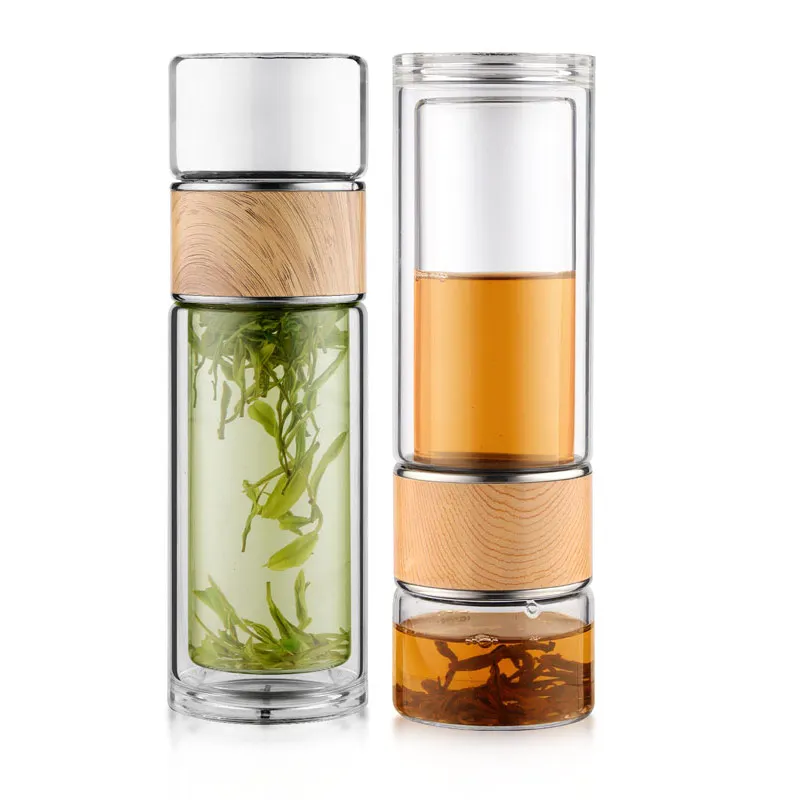 2024 New Design Water Separation Design Tea Cup Portable Double Wall Tea Glass Bottle With Stainless Steel Filter Tea Maker