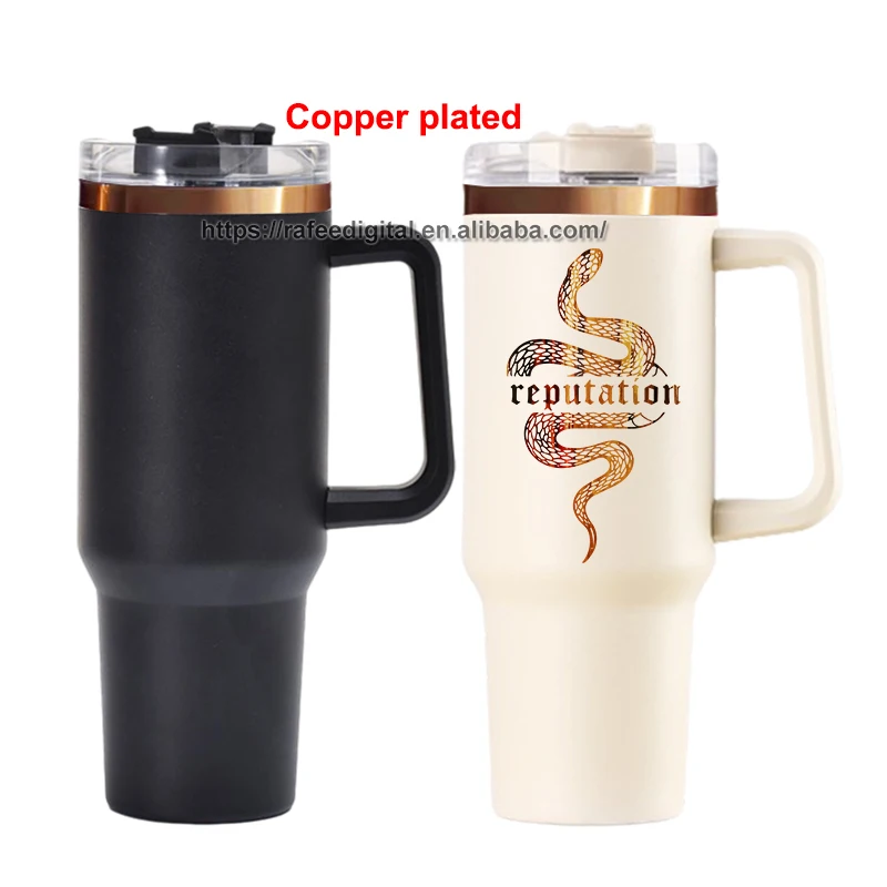 40oz 40 oz Plated Copper and Cream Laser Engraved Powder Coated Double Wall Insulated Stainless Steel Tumbler Cup with Handle