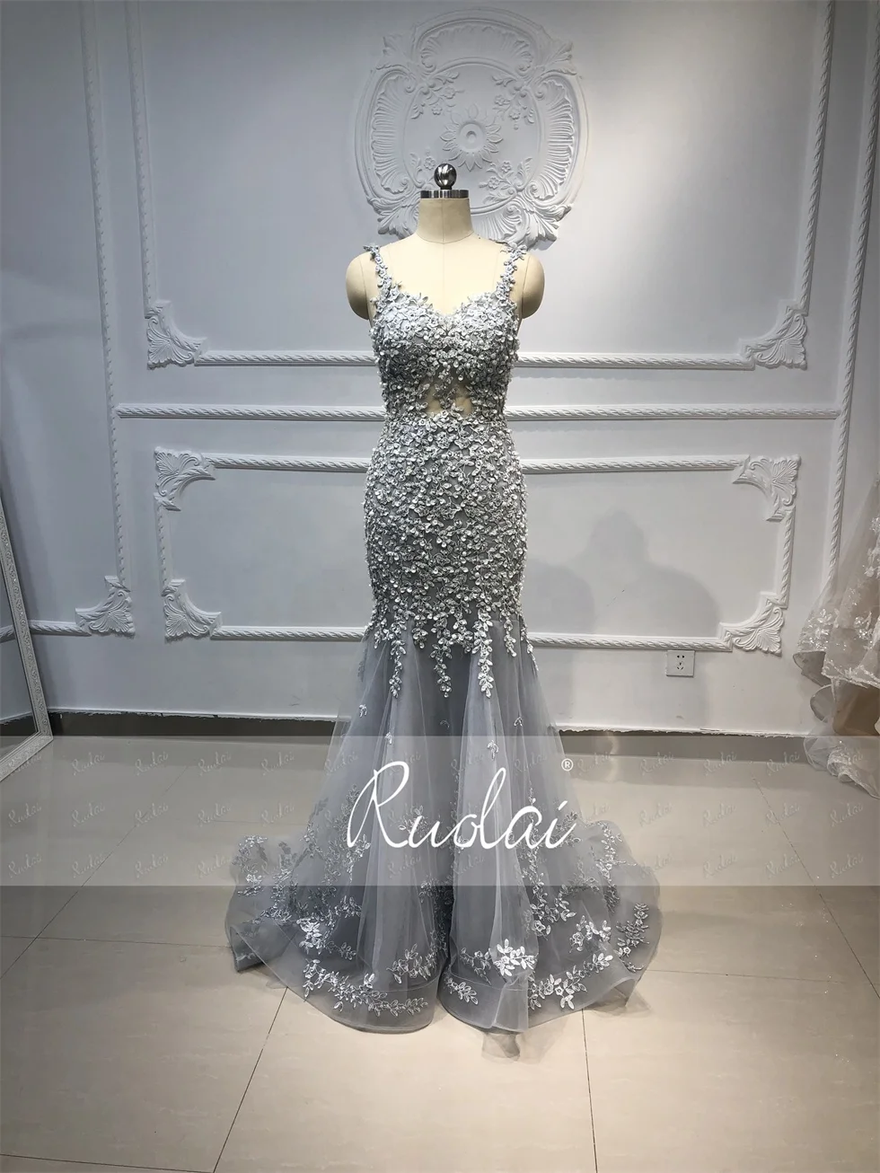 Ruolai LWC6658 Tulle Detachable Train Mermaid 3D Flowers Backless Beaded Mermaid Lace Evening Dresses