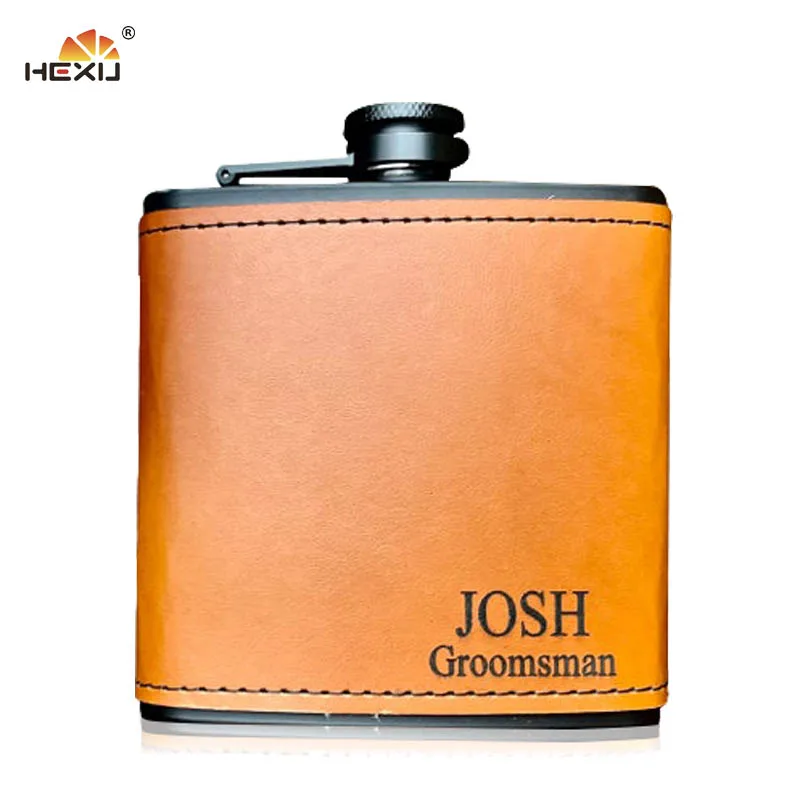 6oz Stainless Steel Brown Personalized Hip Flask Leather Wrapped