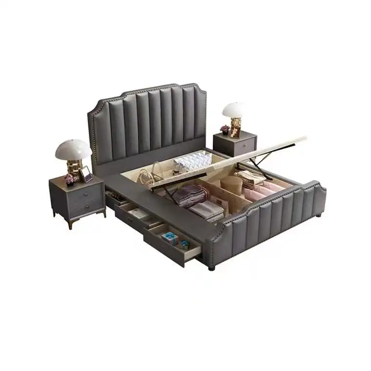 modern light luxury upholstered bed fabric queen king size bedroom furniture wooden beds frame blue tufted bed