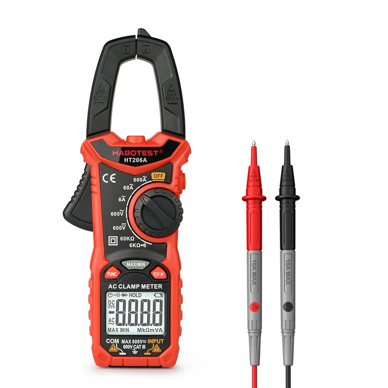HABOTEST HT206A Diode Test True RMS Auto Range Continuity Black and  Red Digital Clamp Meters