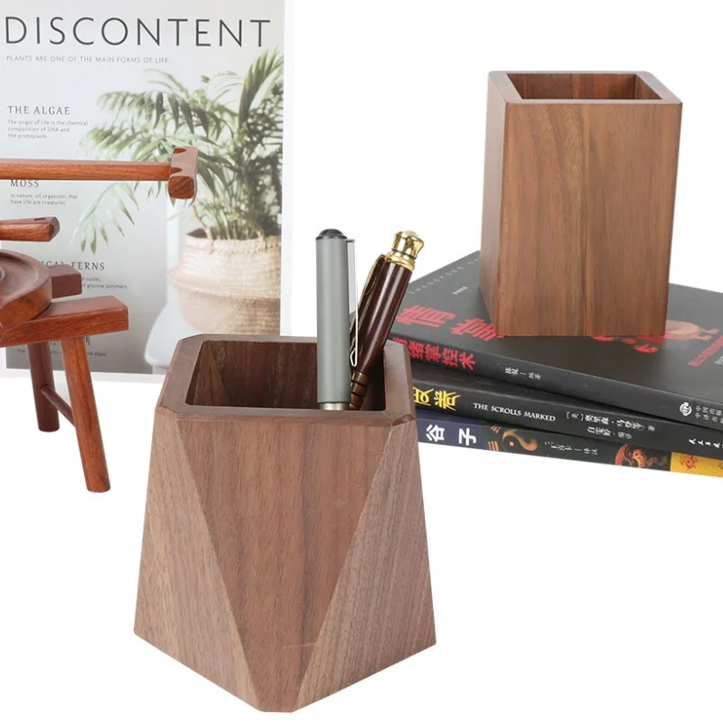 Office Desk Pen Pencil Holder Bamboo Wood Pen Holder Creative Black Walnut Pen Pencil Holder