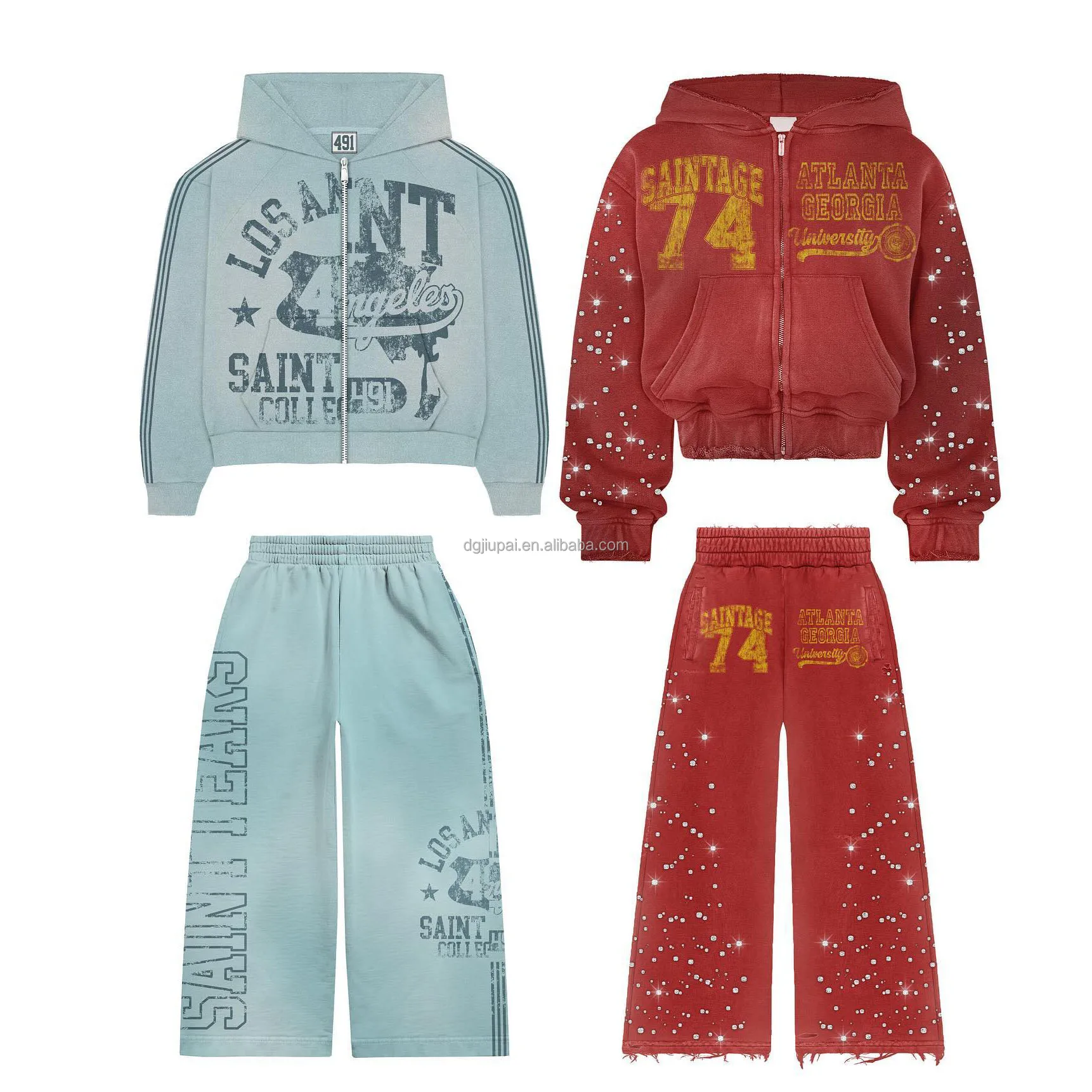 Custom Unisex Dtg Graffiti Oversized Cropped Acid Wash Distressed Vintage Zip up Rhinestone Hoodie and Sweatpants Set