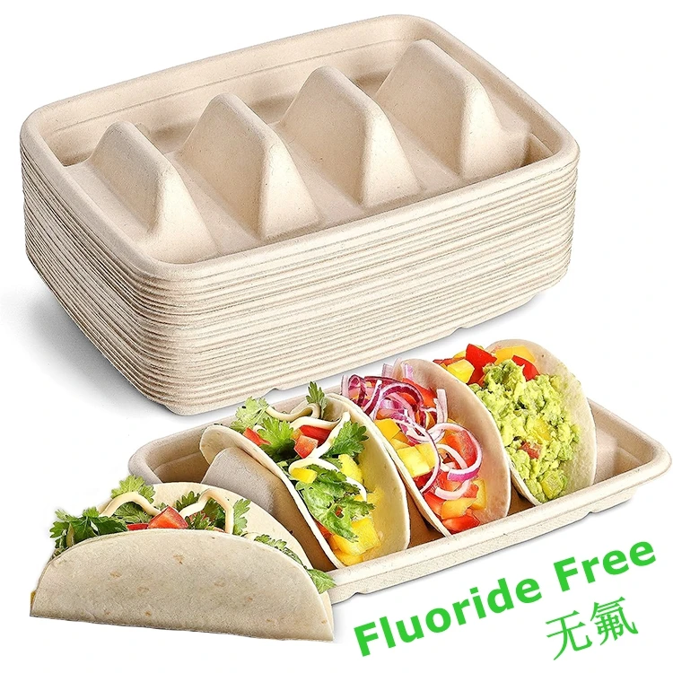 Fluoride-free Disposable Taco Holder Tray  Biodegradable Sugarcane Taco Tray Takeaway Togo Box Plates Taco Food Tray Container