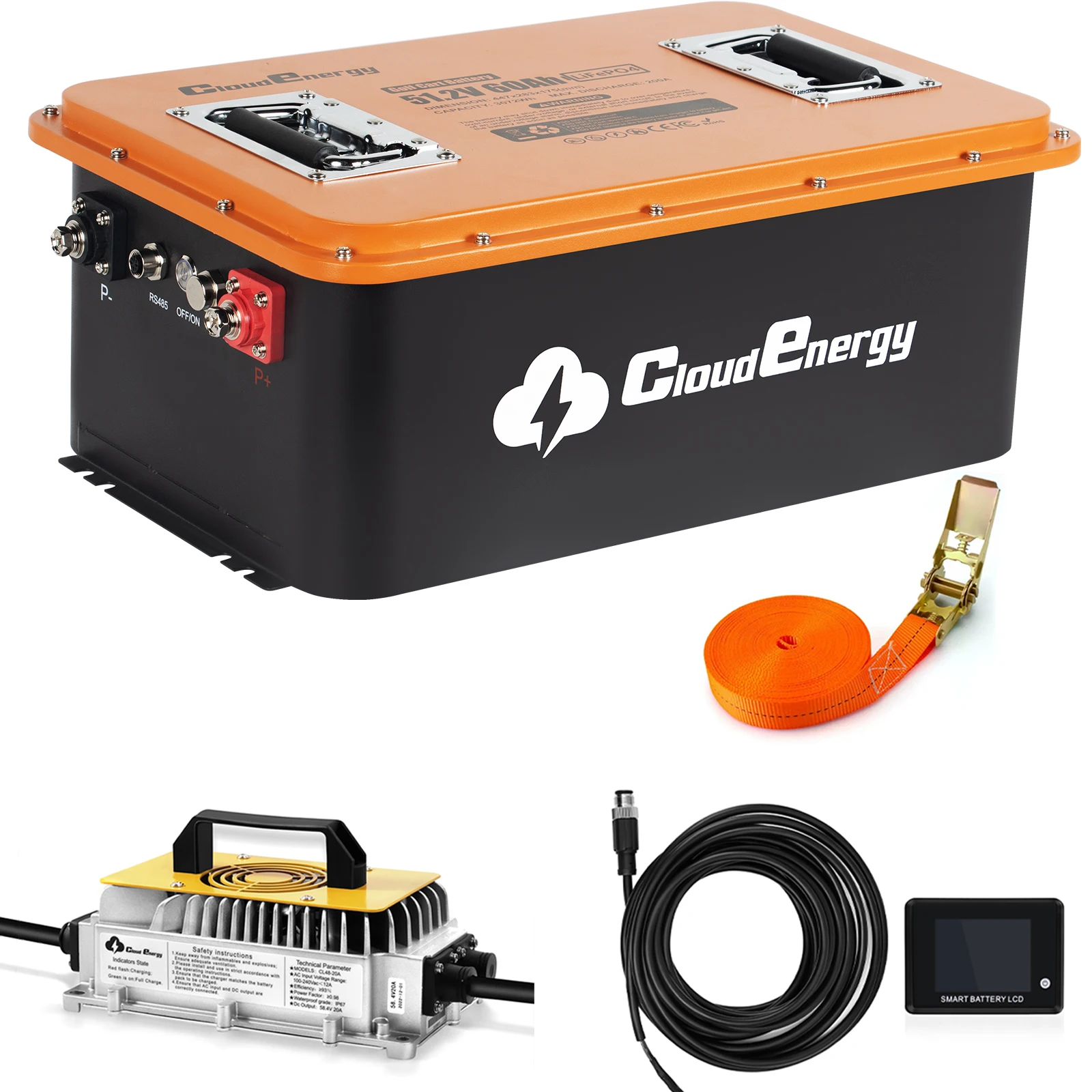 48V(51.2V) LiFePO4 Golf Cart Battery Built-in 200A Bluetooth BMS,with 20A Charger,Touch Monitor(GFS48V-60Ah with Charger)