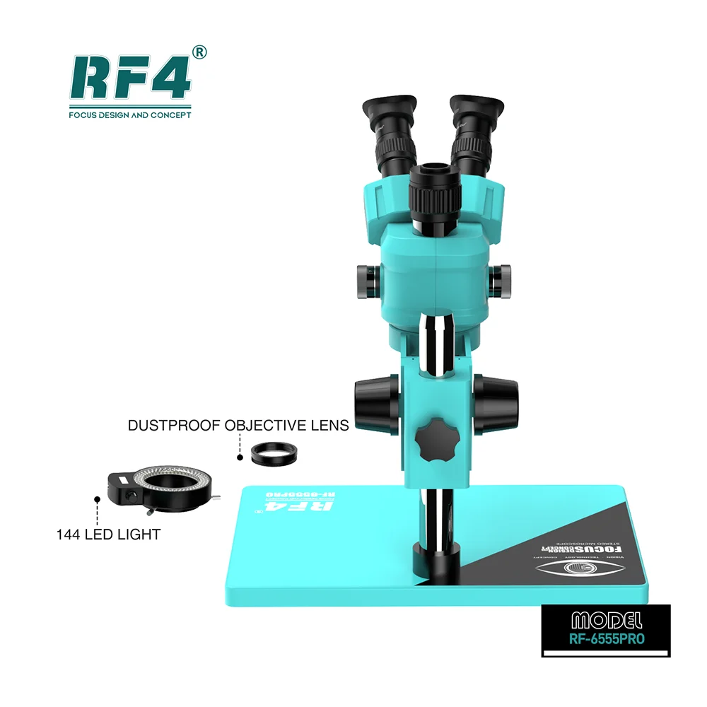 RF4 New Dust-proof Design Microscope Continuous Zoom 6.5X-55X Knob 7 Gear Zoom RF-6555PRO Trinocular Microscope