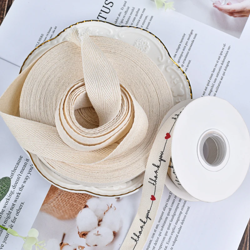 Wholesale customized high density custom  natural white herringbone organic cotton ribbon logo printed ribbon