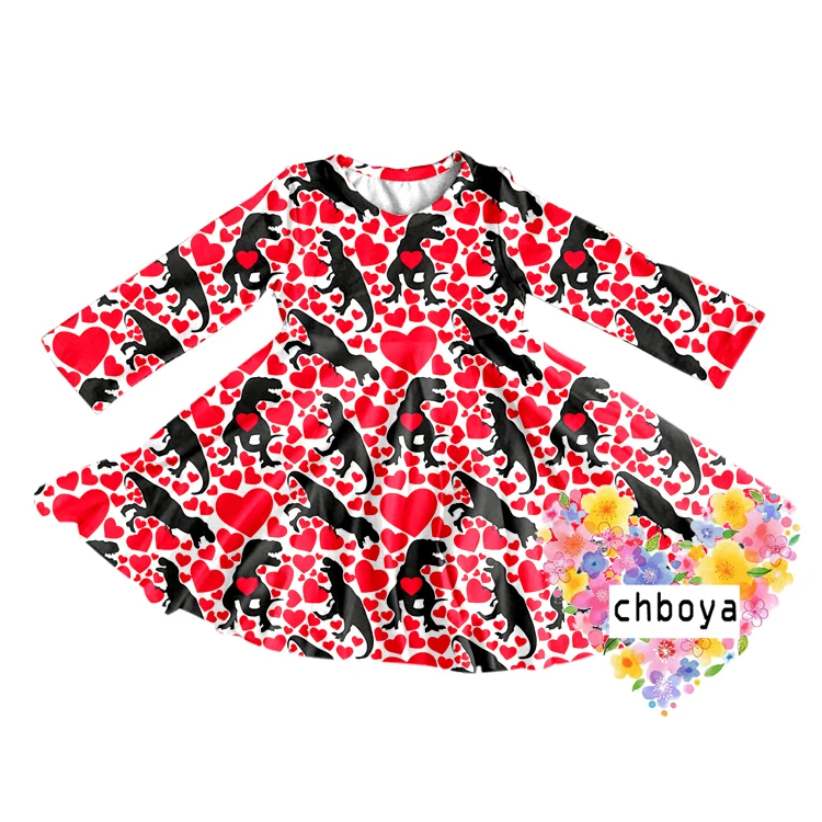 cute girls clothing wholesale  long-sleeves black dragon red love pattern twirl dress