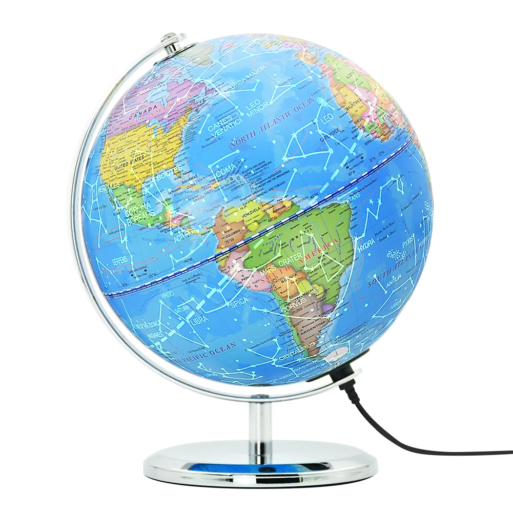 8inch Constellation illuminated World map rotating Globe PVC Plastic Metal Geography Education Earth Globe for home office decor
