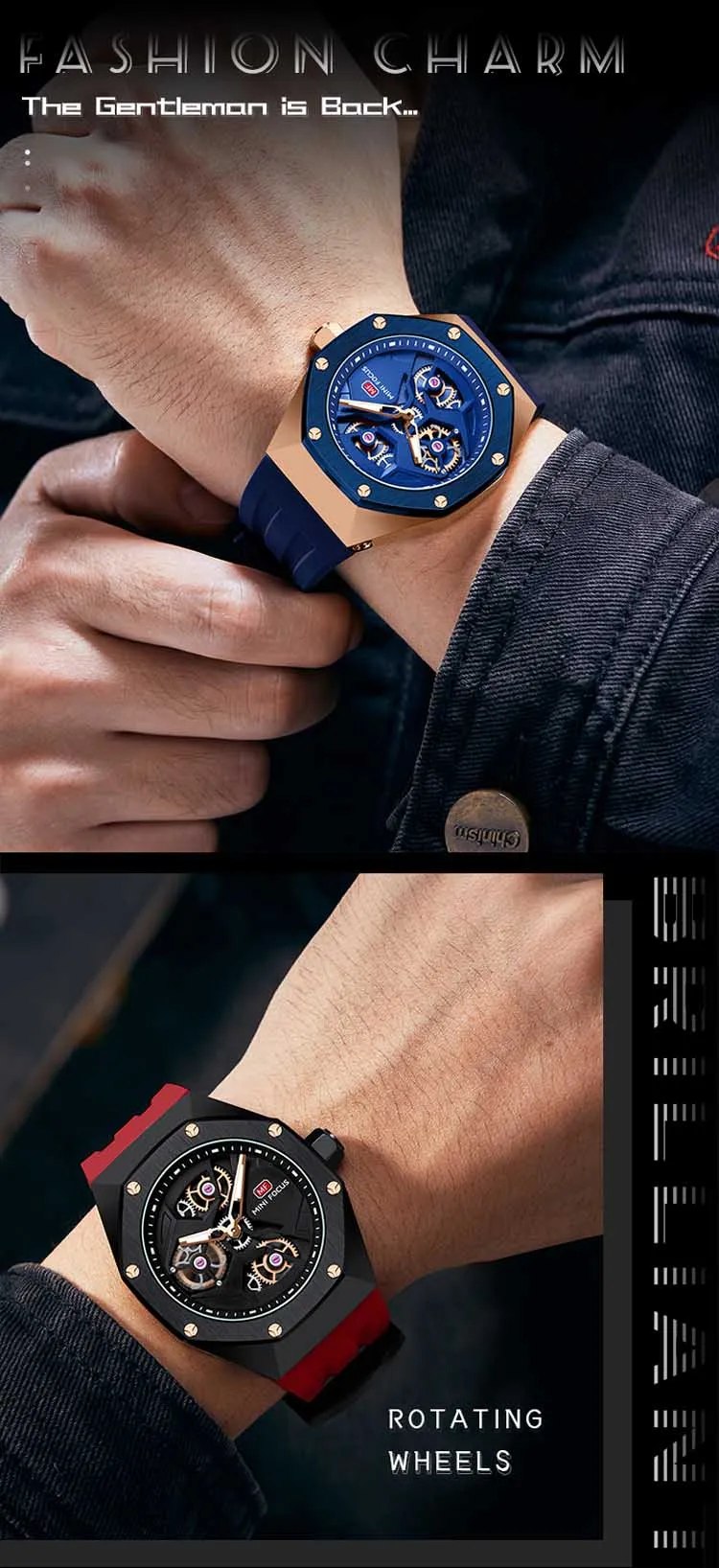 Mini Focus MF0422G Wholesale Blue Gents Quartz Watch Stylish Silicone Band Water Proof Skeleton Vintage Casual Wrist Watch