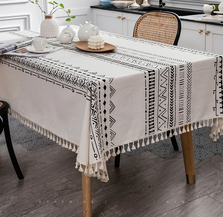 STG Bohemian linen non-washable tablecloth ethnic rectangular tassel tablecloth waterproof oil-proof table cover