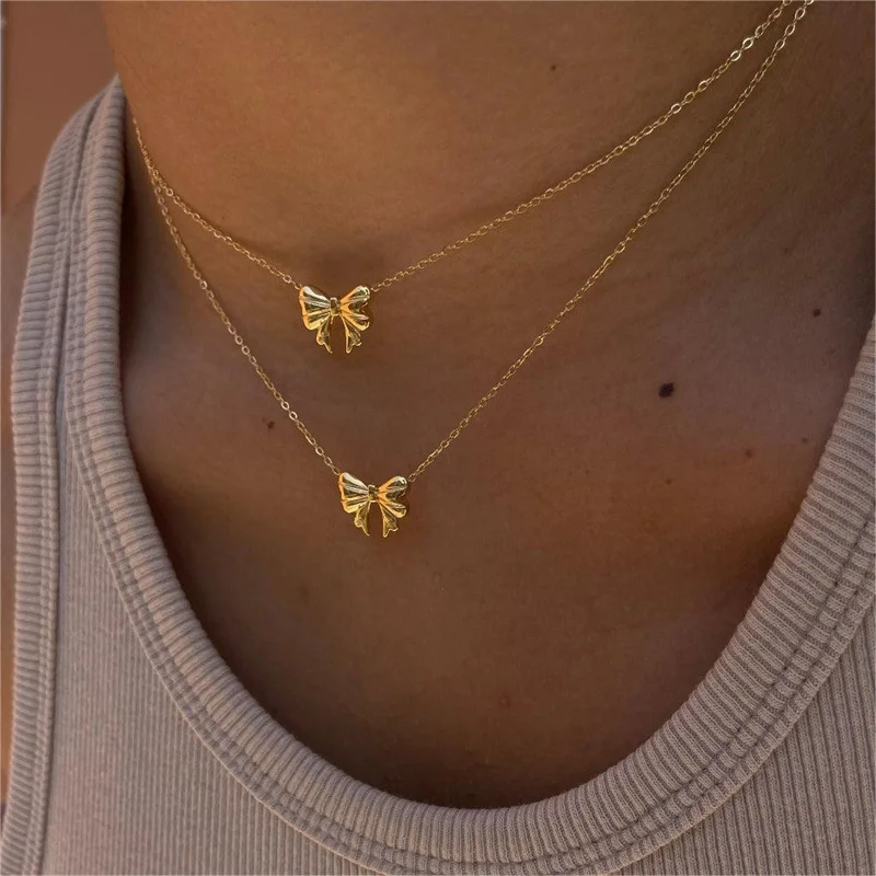 Новинка серьги с бантом ювелирные изделия минимализм 18-каратное позолоченное изящное модное жемчужное ожерелье из нержавеющей стали галстуком-бабочкой