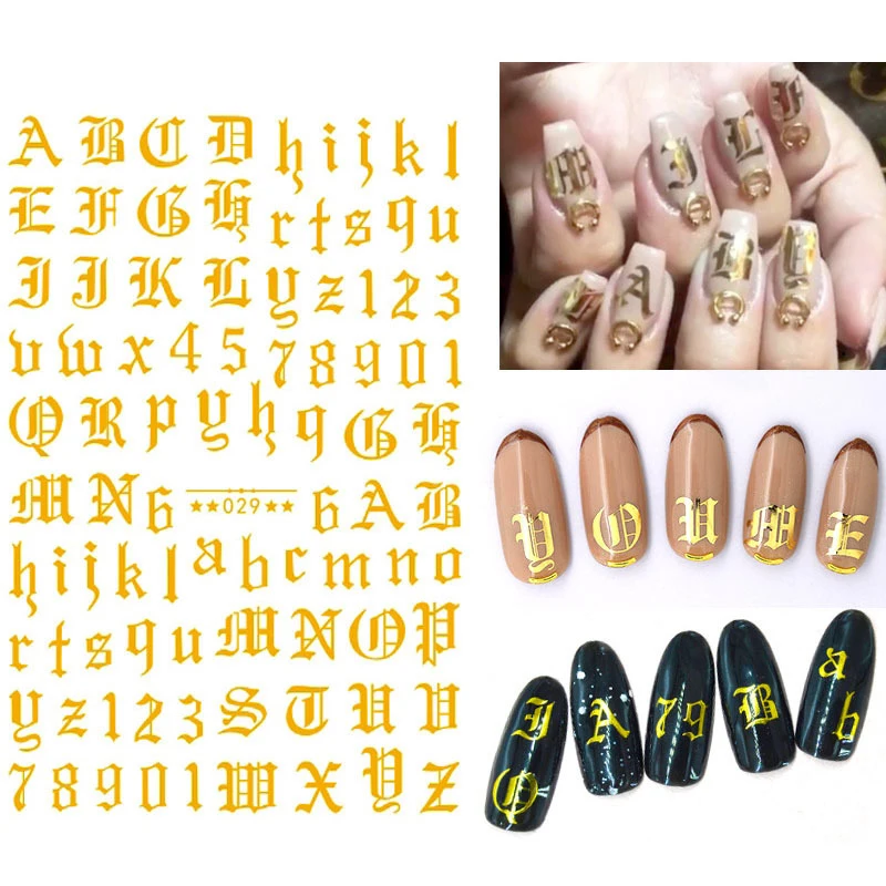 5 Designs 3D Letter Nail Art Stickers Adhesive Old English Alphabet Words Nail Decals Ultra Thin Nail Letter Decals