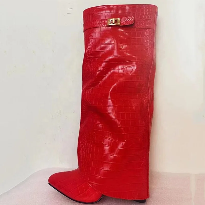 Chendgdu Women Boots Classic Design Fold Knee High Boots Crocodile Red Orange Pointed Toe Side Zipper Chunky Heel Winter Boots