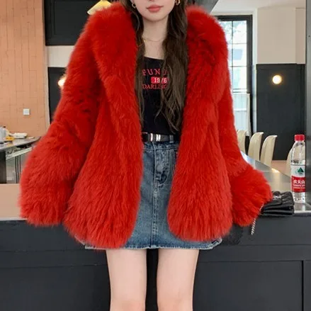 Fashion Fur Coat Women Double Woven Fox Fur Coat Red Color Coat With Hoodie Winter Long Sleeve Outwear