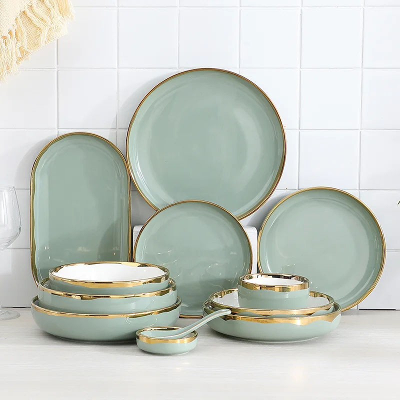 Nordic Household Tableware Gilt Edging Porcelain Plate Dish Rice Bowl Steak Plate Combination Light Green Simple Style