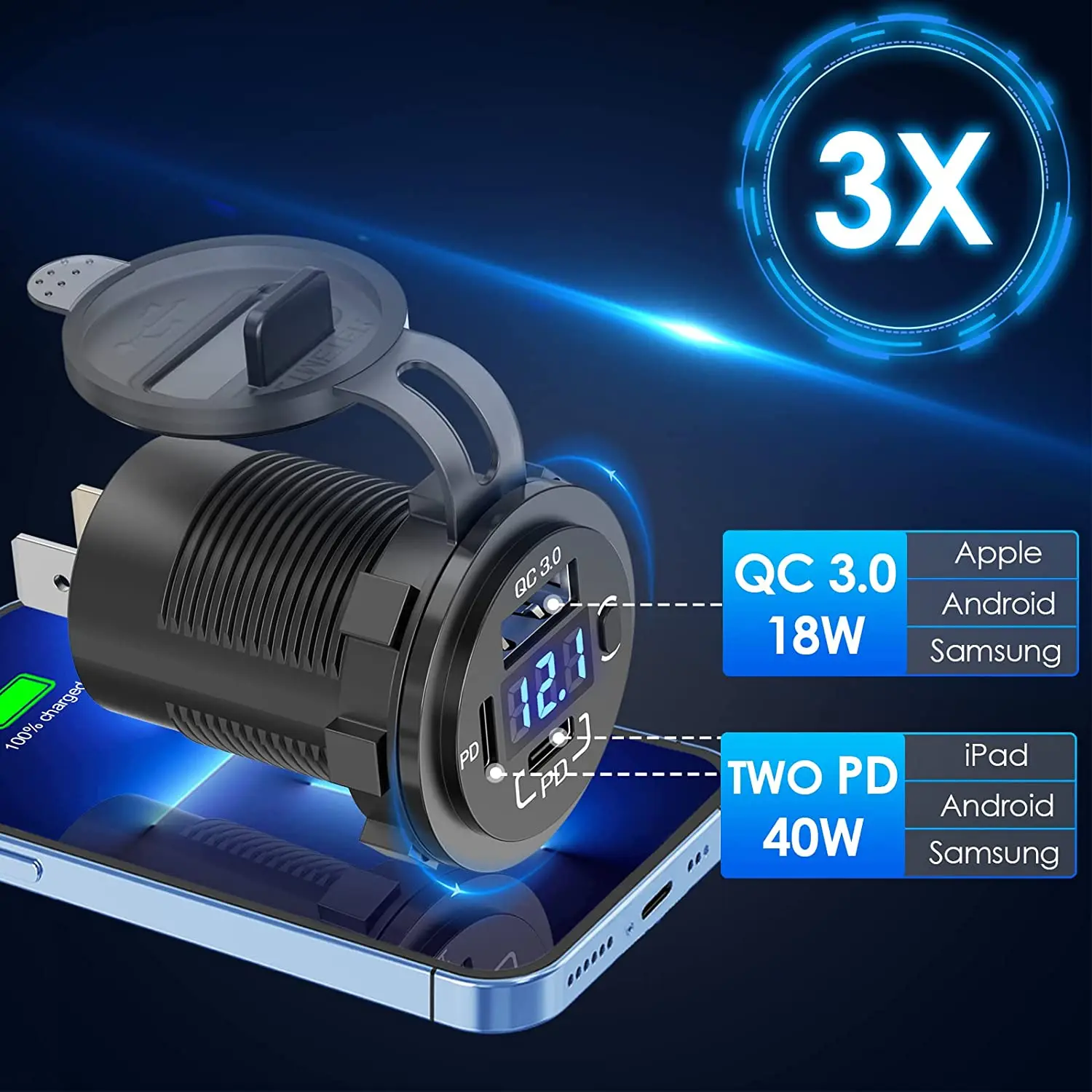 Дисплей напряжения 3 порта USB Type-C Водонепроницаемый 20 Вт * 2 + 18 автомобильный мотоцикл PD быстрое зарядное устройство с переключателем включения