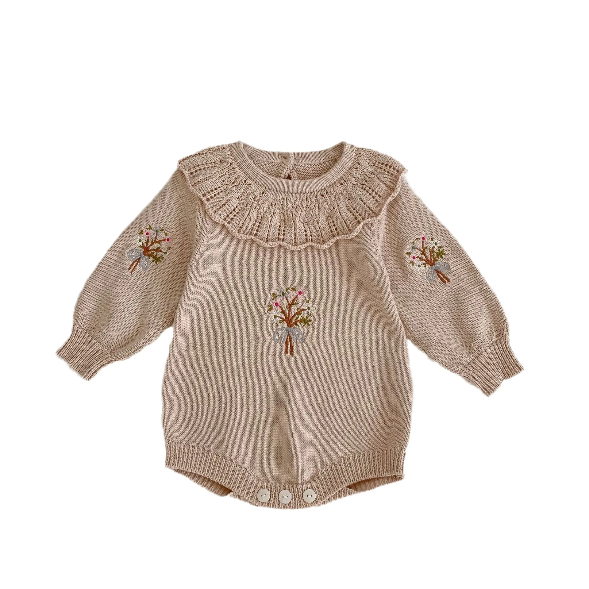 Ivy83694A 2024 New Spring Winter Toddlers Ruffle Collar Knitted Rompers Baby Infant Girls Elegant Embroidery Sweet Overalls