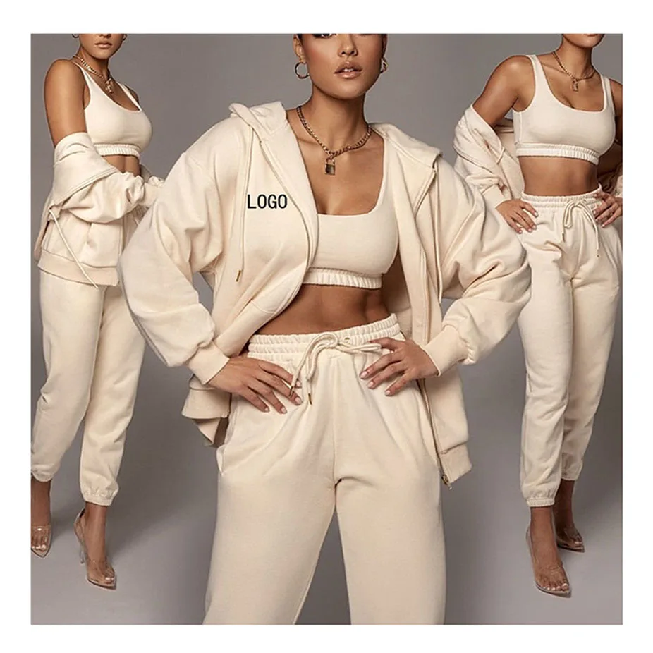 Women New Fashion Luxury Custom Logo Three Pieces Sweat Suit Leisure Sports Full Zipper Hoodies Set