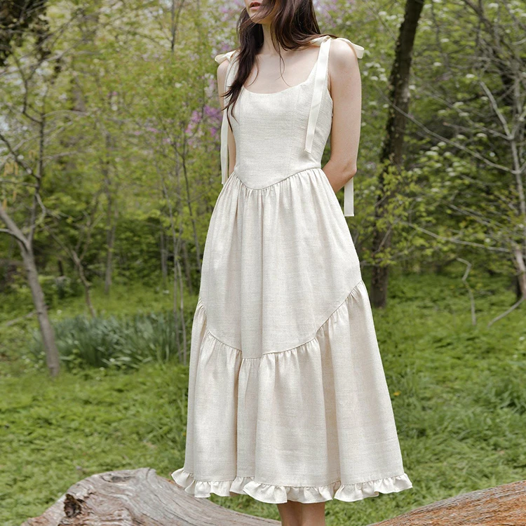 2024 Strapless Lace-Up Women Linen Dress Summer Fit And Flare White Linen Dresses For Women