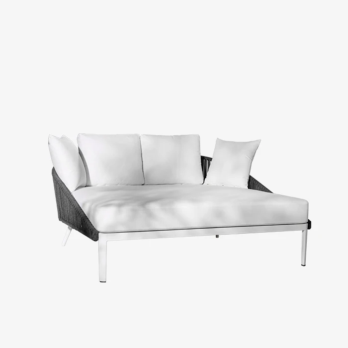 Modern Outdoor Furniture Rattan & Metal Patio Daybed White & Gray Sunbed Sofa With Soft Cushions Hotel Villa Garden Sofa Bed