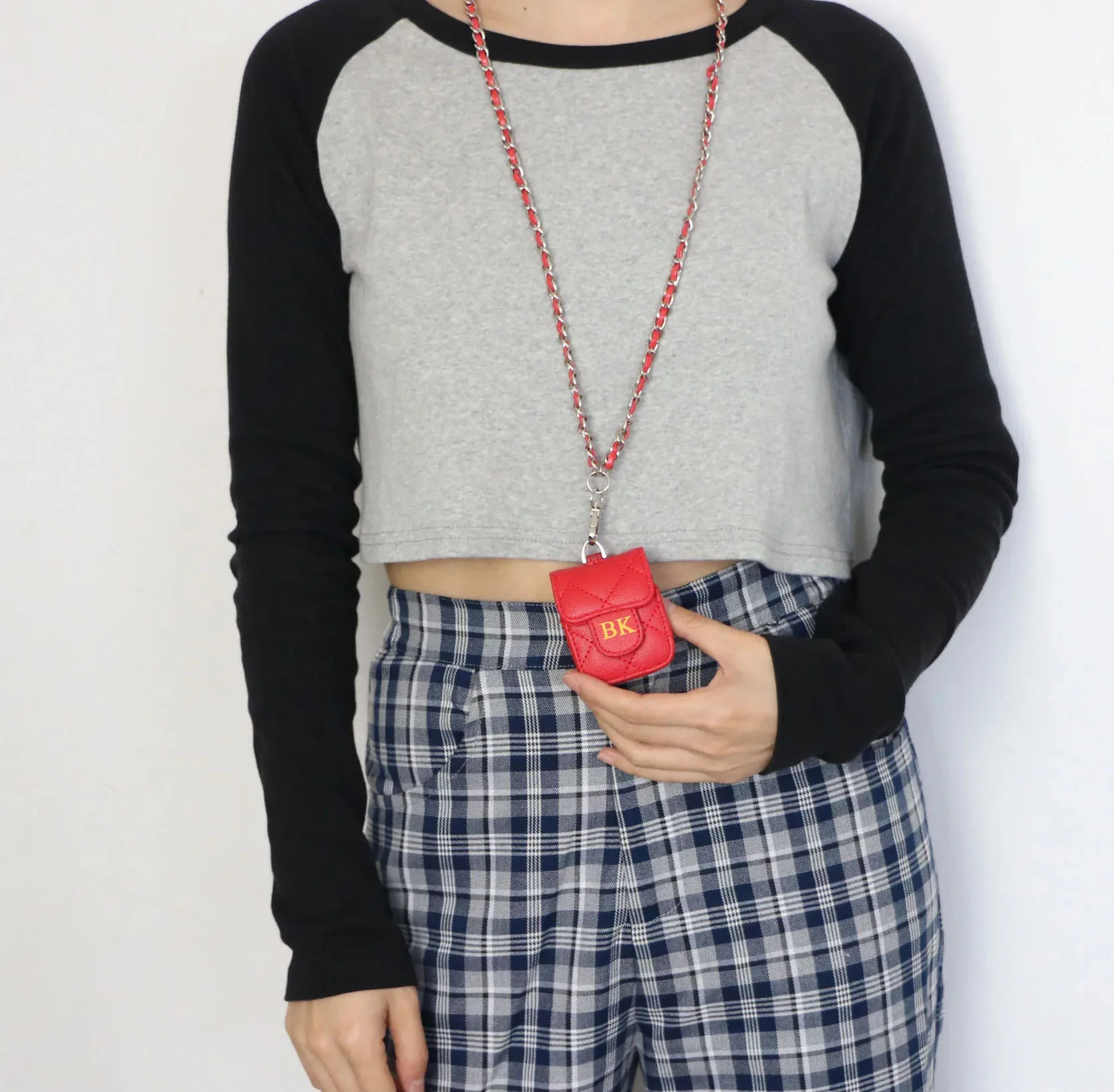 Portable earphone bag stitched PU leather mini lanyard bag case earphone sleeve for Airpods 1 2 pro