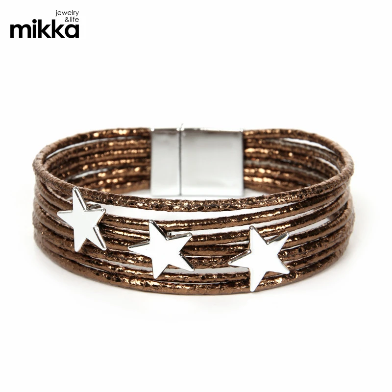 Multiple Layer Star Charms PU Leather Handmade Magnetic Clasp Bracelet for Women Jewelry Gift